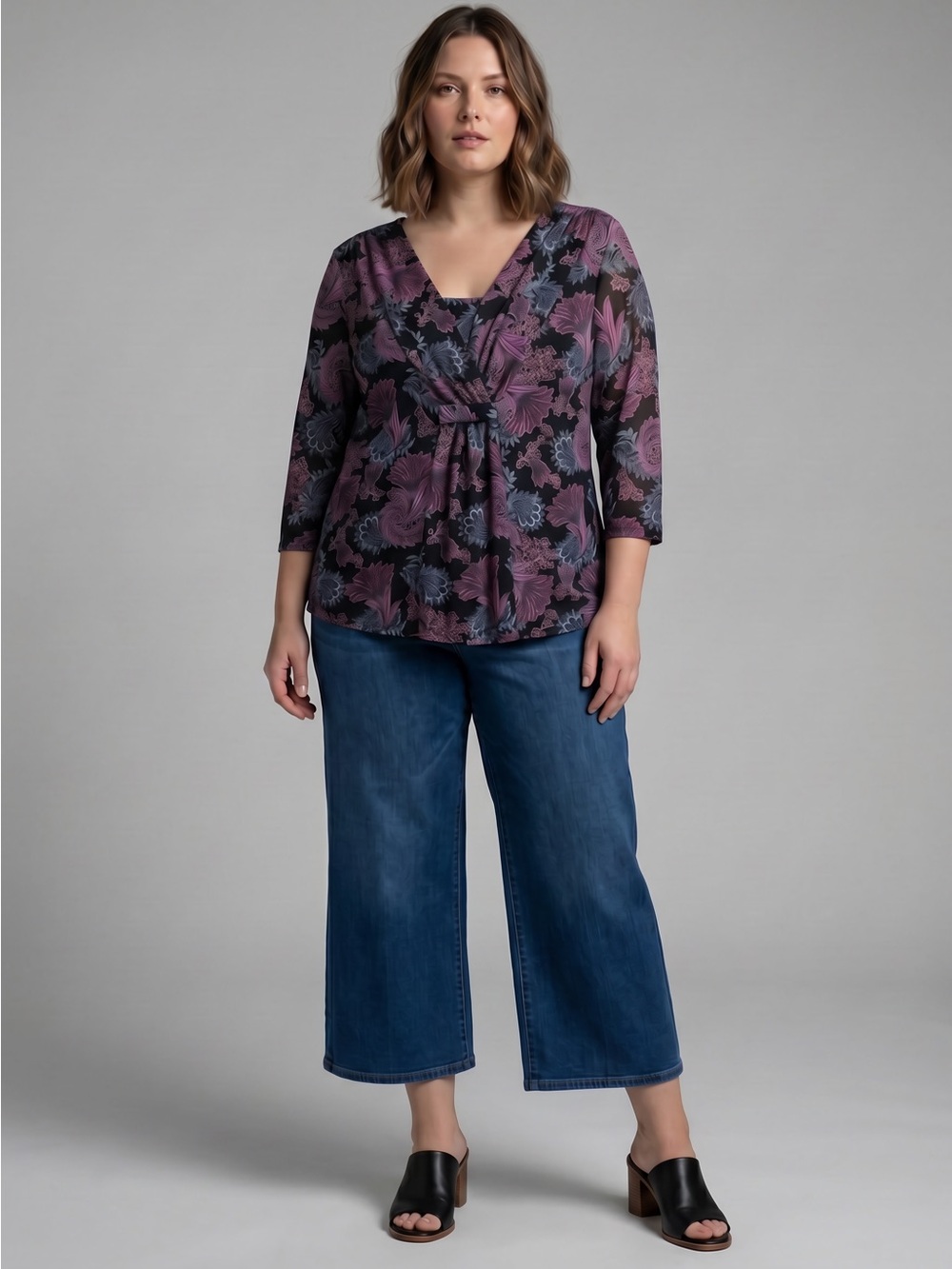 Croft & Barrow purple mesh Paisley floral v-neck 3/4 sleeves plus size Blouse